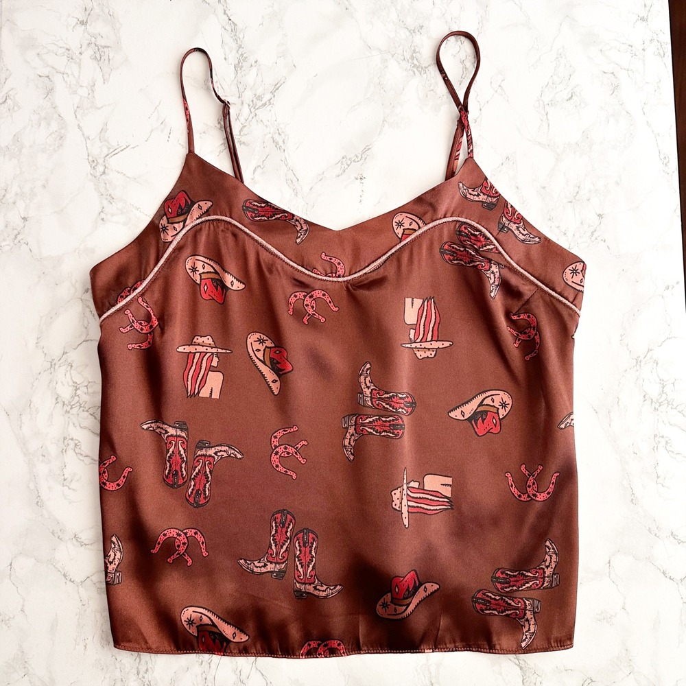 Midnight Bakery Spaghetti Strap Western Print Brown Satin Camisole Size Medium